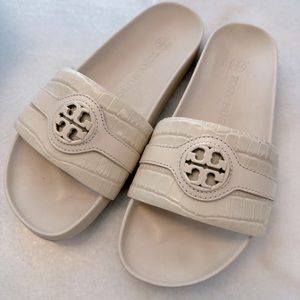 Tory Burch Carson Croc Embossed Slides, Size 8. WORN but in great condition.
